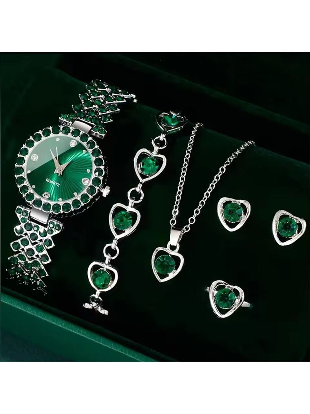 Elegant Green Rhinestone Hearts & Silver Women's Jewelry Set of 5- Quartz Watch